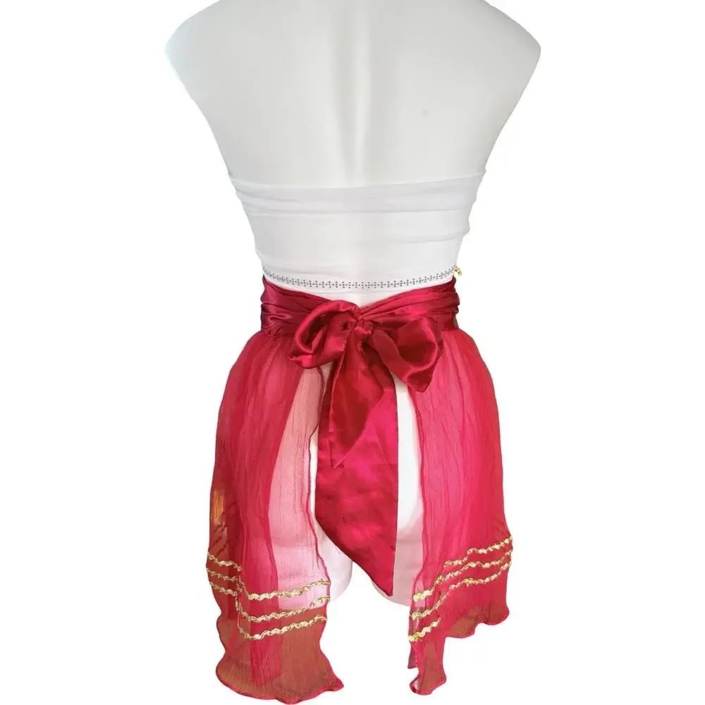 Vintage Red Sheer Chiffon Apron Gold Rickrack Trim Satin Bow